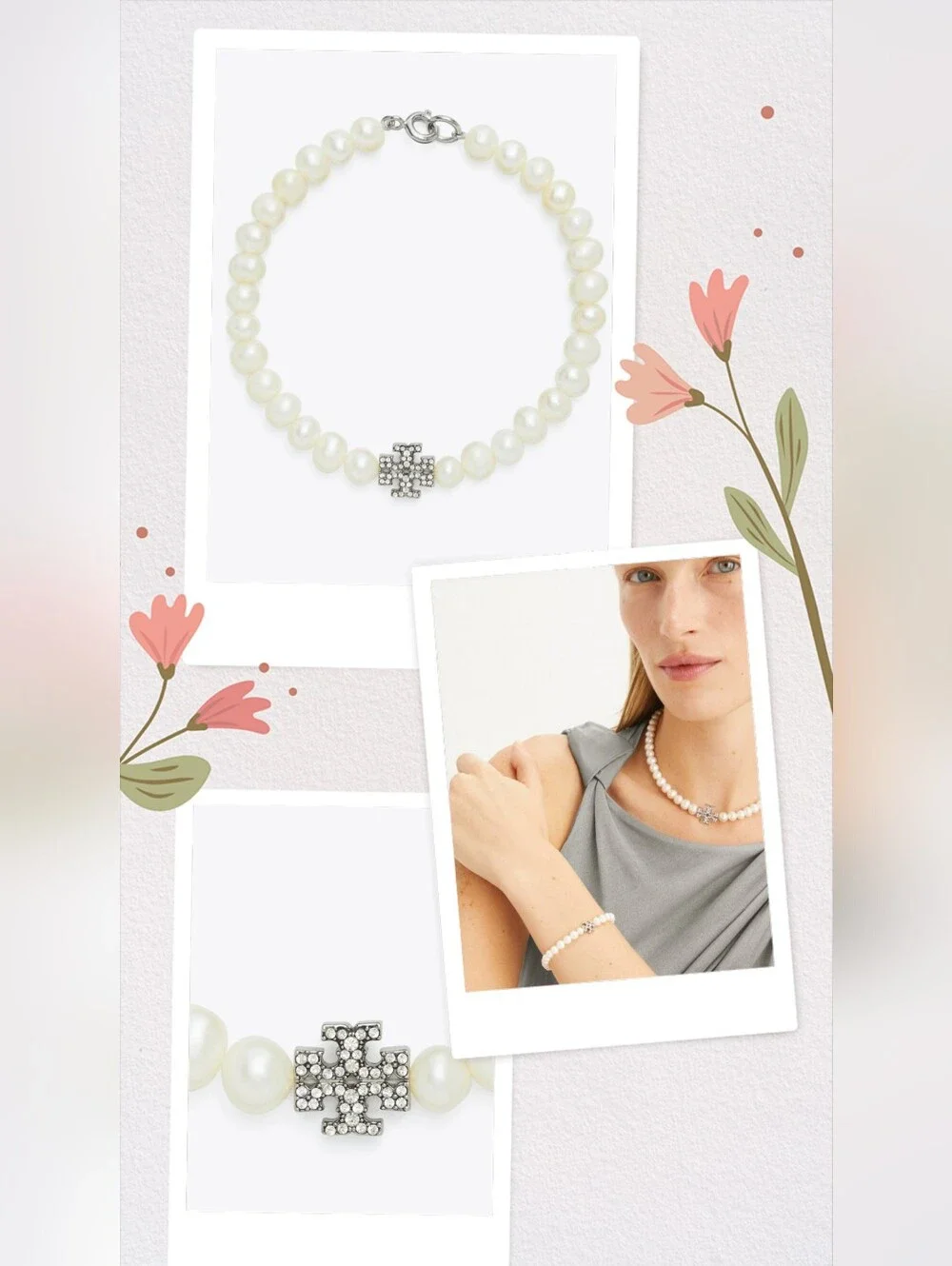TORY BURCH Moondance Pave Pearl Double T Logo Bracelet
